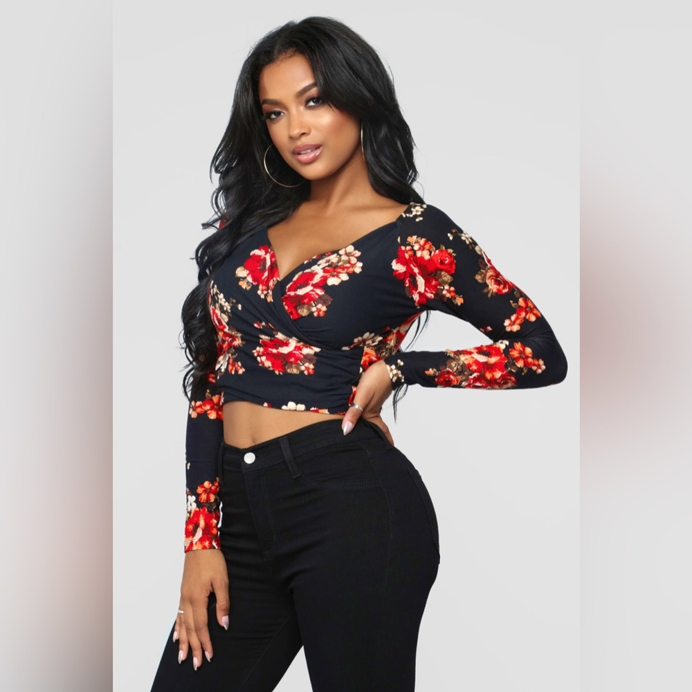 Fashion Nova Floral Wrap Long Sleeve Crop Top NWT